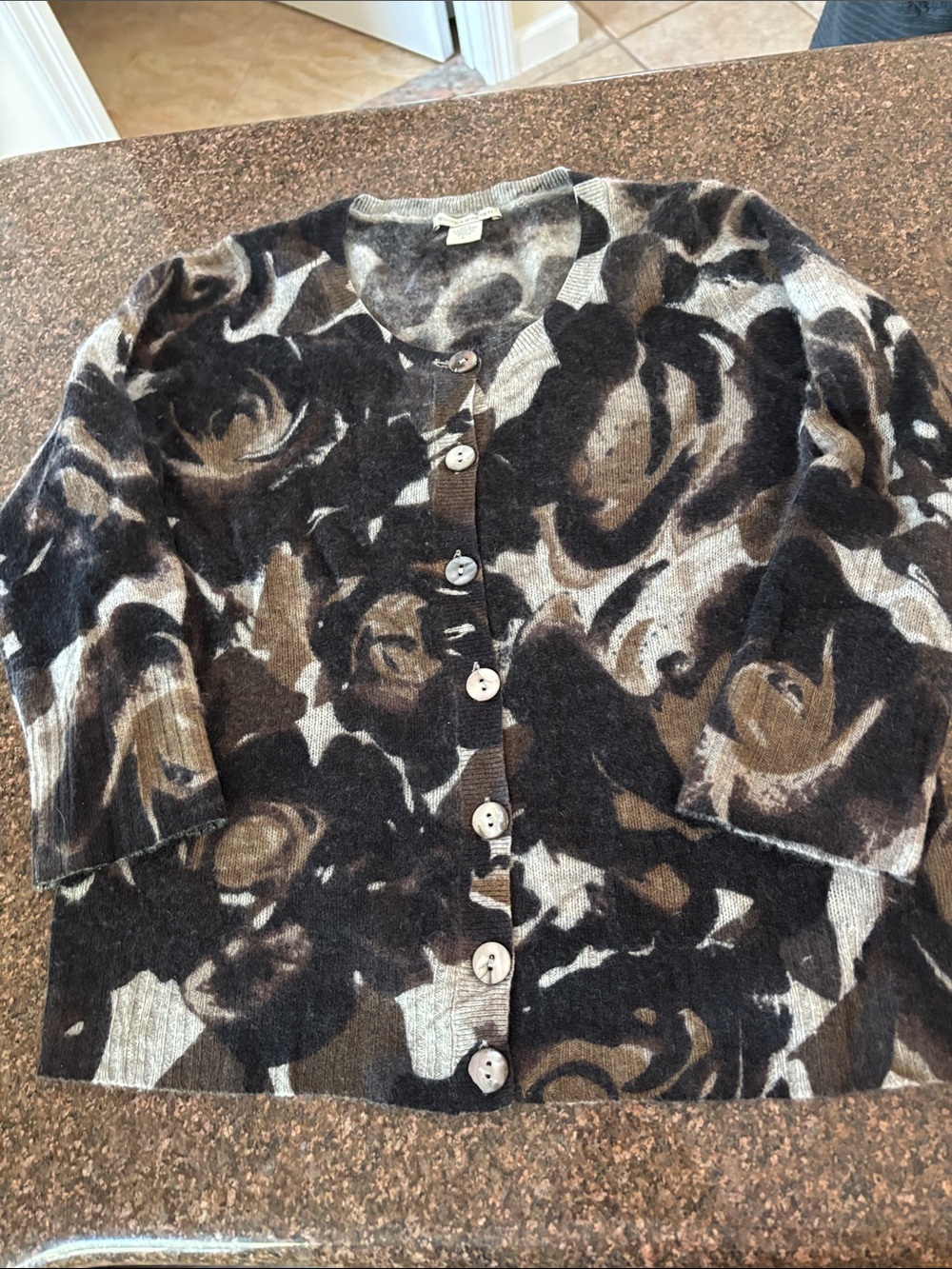 White + Warren Black Brown Floral Button-Front Cardigan